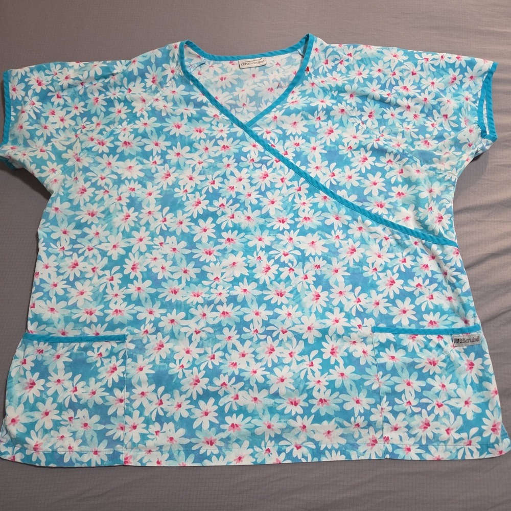 UA Scrubs Uniform Advantage Floral Scrub Top Blue Pink Daisy V Neck Pockets Plus